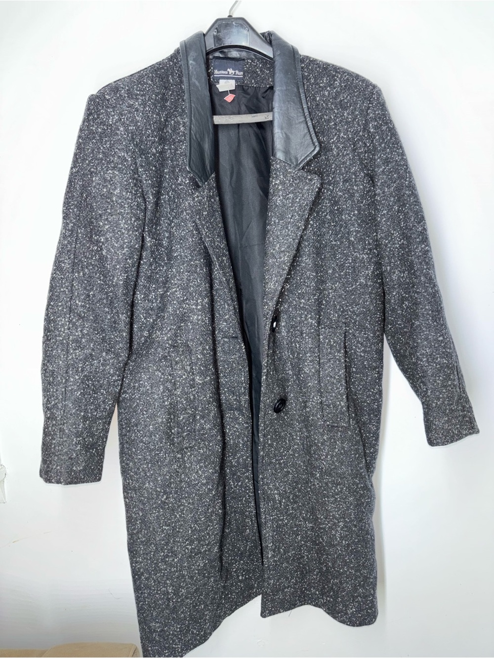 Vintage Women's Black-Gray Tweed Trench Coat with Leather Collar